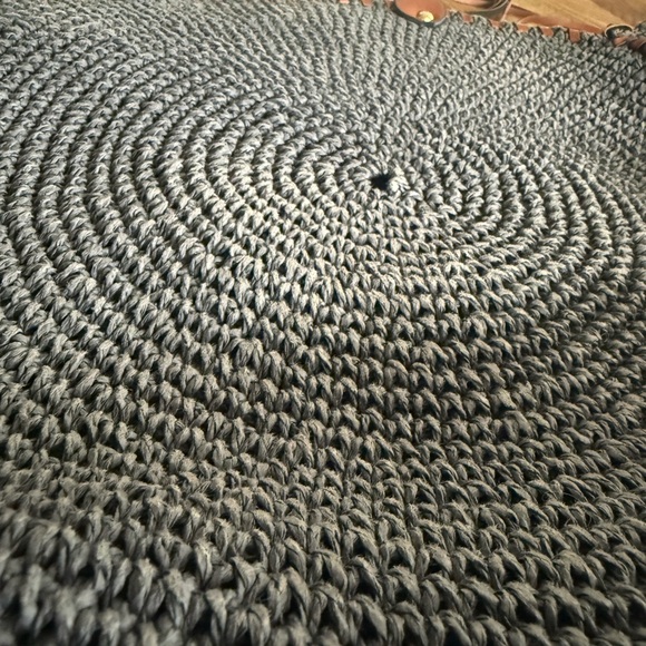 Woven Round Navy Tote Bag with Brown Trim - Picture 3 of 4